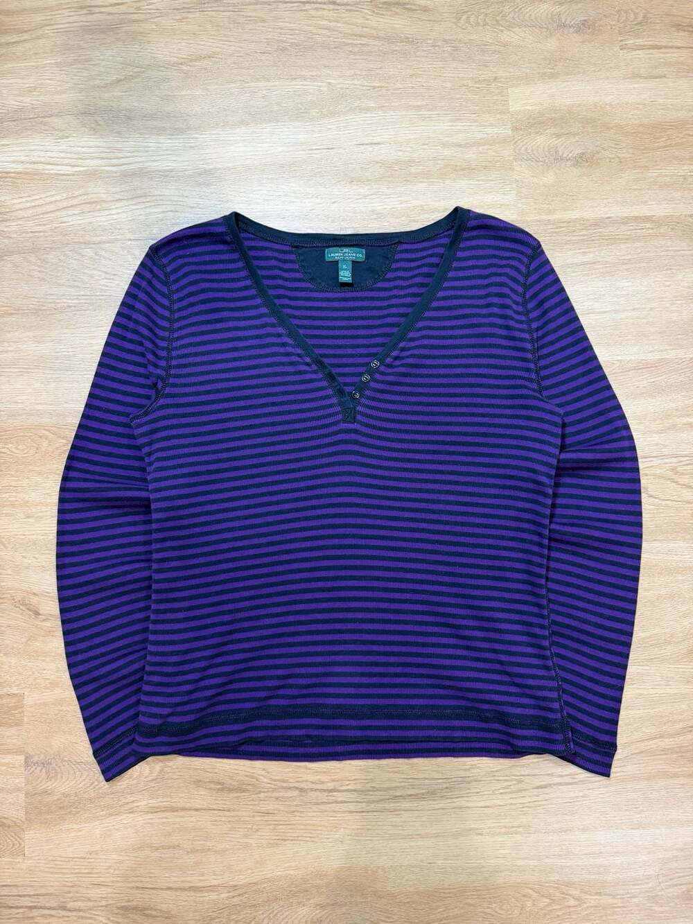Lauren Ralph Lauren Purple & Black Striped Ribbed Henley Longsleeve